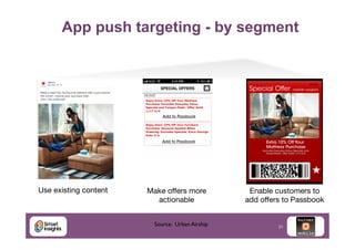 App push targeting - by segment

Use existing content

Make oﬀers more
actionable
Source: Urban Airship	


Enable customers to
add oﬀers to Passbook

31

 