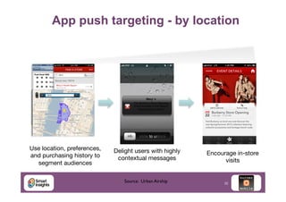 App push targeting - by location

Macy’s!
The Burberry Store Opening
Event is today in the Macy's
Herald Square Store!"

Use location, preferences,
and purchasing history to
segment audiences

Delight users with highly
contextual messages

Source: Urban Airship	


Encourage in-store
visits

32

 