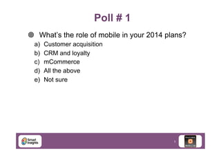 Poll # 1
¥  What’s the role of mobile in your 2014 plans?
a) 
b) 
c) 
d) 
e) 

Customer acquisition
CRM and loyalty
mCommerce
All the above
Not sure

5

 