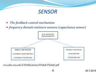 SENSOR
 The feedback control mechanism
 frequency domain moisture sensors (capacitance sensor)
30.7.2015
SOIL MOISTURE
MEASUREMENTS
DIRECT METHODS
THERMO-GRAVIOMETRIC
THERMO-VOLUMETRIC
INDIRECT METHODS
VOLUMETRIC
TENSIOMETRIC
6
cru.cahe.wsu.edu/CEPublications/FS083E/FS083E.pdf
 