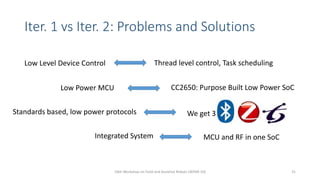 Iter. 1 vs Iter. 2: Problems and Solutions
Low Level Device Control
Low Power MCU
Standards based, low power protocols
Integrated System
Thread level control, Task scheduling
CC2650: Purpose Built Low Power SoC
We get 3:
MCU and RF in one SoC
10th Workshop on Field and Assistive Robots (WFAR-10) 31
 