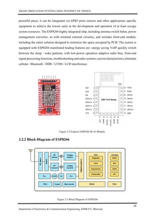 SMART IRRIGATION SYSTEM USING INTERNET OF THINGS
14
Department of Electronics & Communication Engineering, SDMCET, Dharwad
powerful piece, it can be integrated via GPIO ports sensors and other applications specific
equipment to achieve the lowest early in the development and operation of at least occupy
system resources. The ESP8266 highly integrated chip, including antenna switch balun, power
management converter, so with minimal external circuitry, and includes front-end module,
including the entire solution designed to minimize the space occupied by PCB. The system is
equipped with ESP8266 manifested leading features are: energy saving VoIP quickly switch
between the sleep / wake patterns, with low-power operation adaptive radio bias, front-end
signal processing functions, troubleshooting and radio systems coexist characteristics eliminate
cellular / Bluetooth / DDR / LVDS / LCD interference.
Figure 3.2 Explore ESP8266 Wi-Fi Module
3.2.2 Block Diagram of ESP8266
Figure 3.3 Block Diagram of ESP8266
 