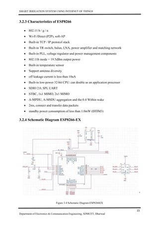 SMART IRRIGATION SYSTEM USING INTERNET OF THINGS
15
Department of Electronics & Communication Engineering, SDMCET, Dharwad
3.2.3 Characteristics of ESP8266
 802.11 b / g / n
 Wi-Fi Direct (P2P), soft-AP
 Built-in TCP / IP protocol stack
 Built-in TR switch, balun, LNA, power amplifier and matching network
 Built-in PLL, voltage regulator and power management components
 802.11b mode + 19.5dBm output power
 Built-in temperature sensor
 Support antenna diversity
 off leakage current is less than 10uA
 Built-in low-power 32-bit CPU: can double as an application processor
 SDIO 2.0, SPI, UART
 STBC, 1x1 MIMO, 2x1 MIMO
 A-MPDU, A-MSDU aggregation and the 0.4 Within wake
 2ms, connect and transfer data packets
 standby power consumption of less than 1.0mW (DTIM3)
3.2.4 Schematic Diagram ESP8266-EX
Figure 3.4 Schematic Diagram ESP8266EX
 