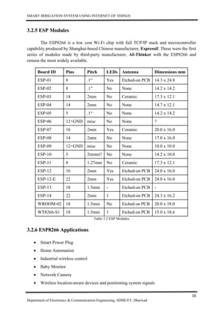 SMART IRRIGATION SYSTEM USING INTERNET OF THINGS
16
Department of Electronics & Communication Engineering, SDMCET, Dharwad
3.2.5 ESP Modules
The ESP8266 is a low cost Wi-Fi chip with full TCP/IP stack and microcontroller
capability produced by Shanghai-based Chinese manufacturer, Espressif. These were the first
series of modules made by third-party manufacturer, AI-Thinker with the ESP8266 and
remain the most widely available.
Board ID Pins Pitch LEDs Antenna Dimensions mm
ESP-01 8 .1“ Yes Etched-on PCB 14.3 x 24.8
ESP-02 8 .1” No None 14.2 x 14.2
ESP-03 14 2mm No Ceramic 17.3 x 12.1
ESP-04 14 2mm No None 14.7 x 12.1
ESP-05 5 .1“ No None 14.2 x 14.2
ESP-06 12+GND misc No None ?
ESP-07 16 2mm Yes Ceramic 20.0 x 16.0
ESP-08 14 2mm No None 17.0 x 16.0
ESP-09 12+GND misc No None 10.0 x 10.0
ESP-10 5 2mmm? No None 14.2 x 10.0
ESP-11 8 1.27mm No Ceramic 17.3 x 12.1
ESP-12 16 2mm Yes Etched-on PCB 24.0 x 16.0
ESP-12-E 22 2mm Yes Etched-on PCB 24.0 x 16.0
ESP-13 18 1.5mm - Etched-on PCB -
ESP-14 22 2mm 1 Etched-on PCB 24.3 x 16.2
WROOM-02 18 1.5mm No Etched on PCB 20.0 x 18.0
WT8266-S1 18 1.5mm 1 Etched on PCB 15.0 x 18.6
Table 3.2 ESP Modules
3.2.6 ESP8266 Applications
 Smart Power Plug
 Home Automation
 Industrial wireless control
 Baby Monitor
 Network Camera
 Wireless location-aware devices and positioning system signals
 