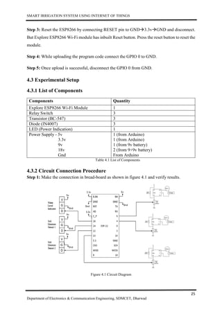 SMART IRRIGATION SYSTEM USING INTERNET OF THINGS
25
Department of Electronics & Communication Engineering, SDMCET, Dharwad
Step 3: Reset the ESP8266 by connecting RESET pin to GND3.3vGND and disconnect.
But Explore ESP8266 Wi-Fi module has inbuilt Reset button. Press the reset button to reset the
module.
Step 4: While uploading the program code connect the GPIO 0 to GND.
Step 5: Once upload is successful, disconnect the GPIO 0 from GND.
4.3 Experimental Setup
4.3.1 List of Components
Components Quantity
Explore ESP8266 Wi-Fi Module 1
Relay Switch 3
Transistor (BC-547) 3
Diode (IN4007) 3
LED (Power Indication) 1
Power Supply - 5v
3.3v
9v
18v
Gnd
1 (from Arduino)
1 (from Arduino)
1 (from 9v battery)
2 (from 9+9v battery)
From Arduino
Table 4.1 List of Components
4.3.2 Circuit Connection Procedure
Step 1: Make the connection in bread-board as shown in figure 4.1 and verify results.
Figure 4.1 Circuit Diagram
 