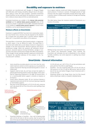 SmartJoist Design Guide 8 Aug 2021
SmartJoists - General information
SmartJoists are manufactured with Douglas Fir (Oregon) flanges
with OSB webs, both having a durability rating of class 4, the equiv-
alent rating as some Ash type Eucalypts. Untreated SmartJoists
should therefore not be used where the equilibrium moisture con-
tent is likely to remain above 18 % for an extended period.
Untreated SmartJoists are suitable in the internal, fully protected,
ventilated and the external above ground, protected zones of the
structure as shown in appendix B of AS 1684. Untreated SmartJoist
is not suitable for external above ground, exposed or humid indoor
conditions, such as swimming pool enclosures.
Moisture effects on SmartJoists
SmartJoist is supplied WITHOUT any short term construction sealer,
but once framed into a structure may be exposed to the weather
for a limited time (not greater than 3 months) without negative
affect, BUT, it may exhibit some effects of this exposure.
The wood fibre in SmartJoists, like all wood products, is hygroscop-
ic, which means it has an affinity for water. The wood fibre in
SmartJoist will readily take up and release moisture in response to
changes in the local environment. Moisture exposure will lead to
dimensional change. While the products will withstand normal
exposure, excessive exposure during distribution, storage or con-
struction may lead to dimensional changes that affect serviceability.
These changes include twisting, bowing or expansion to dimensions
to beyond the specified tolerance of the product in the “as-
manufactured” condition.
As an organic material, mould and mildew may grow on untreated
wood products if moisture is present. Prolonged periods of high
moisture may also support the growth of wood decay fungi, which
is another reason to follow proper methods of storage and handling
of SmartJoists.
The table below shows the moisture content of SmartJoists as a
function of humidity.
Wetting during construction may lead to temporary elevated mois-
ture content and dimensional changes. Once covered, the
SmartJoists will ultimately dry and re-equilibrate to the ambient
humidity conditions, but some expansion or swelling may remain
after drying.
Durability and exposure to moisture
Moisture content of wood products %(1)
Relative Humidity % LVL Flange MC OSB web
10 1.2 0.8
20 2.8 1.0
30 4.6 2.0
40 5.8 3.6
50 7.0 5.2
60 8.4 6.3
70 11.1 8.9
80 15.3 13.1
90 19.4 17.2
(1). Approximate moisture content at 210
C
1. Joists should be accurately placed at not more than the nomi-
nated maximum centre to centre spacing so as to provide the
support required for flooring and load bearing walls or concen-
trated loads
2. Supports shall be level, dry and have at least the rigidity im-
plied by good framing practice and/or the design criteria speci-
fied for supporting components in AS 1684. (A moisture barri-
er is recommended where support is directly to masonry or
brickwork.)
3. Except where otherwise noted, 30 mm minimum bearing is
required at joist ends and 42 mm minimum bearing is required
at intermediate supports.
4. Nail joists at each bearing with 2 of 3.15 Ф x 65 nails, using one
each side placed 30 mm from the end to avoid splitting as per
detail below.
5. SmartJoist blocking or SmartRim - face nail to bearing plate
with 3.15 Ф x 65 nails at 150 mm centres. Nail rim joist to the
end of the top and bottom flange of each SmartJoist with 1 off
3.15 Ф x 65 nail, use 1 off 3.75 Ф x 75 nail top and bottom with
joists with 58, 70 or 90 mm wide flanges.
6. SmartRim - toe nail to bearing plate with 3.15 Ф x 65 nails at
150 centres or 4.5 Ф x 75 nails at 300 centres. Nail rim to the
end of the top and bottom flanges of each SmartJoist with 1
3.15 Ф x 65 nails.
7. Sheathing nailing to top flange (Joists must be fully braced
before sheathing is nailed or screwed) is detailed below:
Start toe nail
approximately 2/3
up theside of the flange.
Nails should beas far
as practical from the
endofthejoist
Do NOT start toe nail
into the corner of theflange
or thetop of the flange.
MAXIMUMNail diameter 3.15mm
  Minimum single row fastener spacing into SmartJoist flanges
SmartJoist flange width
Fastener type
and size 40 mm
flange
44 mm
flange
51 mm
flange
58-70 mm
flange
90 mm
flange
Nails
2.8 x 60 75 75 50 50 50
3.15 x 60 100 90 75 75 75
Screws
9g x 45 150 150 75 75 75
10g x 50 150 150 100 75 75
Minimum nail
or screw spacing
from table
Offset second
row of nails or
screws
 