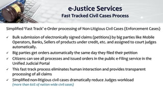 e-Justice Services
Fast Tracked Civil Cases Process
Simplified ‘Fast Track’ e-Order processing of Non-Litigious Civil Cases (Enforcement Cases)
 Bulk submission of electronically signed claims (petitions) by big parties like Mobile
Operators, Banks, Sellers of products under credit, etc. and assigned to court judges
automatically.
 Big parties get orders automatically the same day they filed their petition
 Citizens can see all processes and issued orders in the public e-Filing service in the
Unified Judicial Portal
 This fast track process eliminates human interaction and provides transparent
processing of all claims
 Simplified non-litigious civil cases dramatically reduce Judges workload
(more than 60% of nation wide civil cases)
 