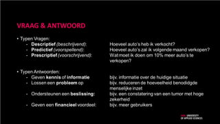 VRAAG & ANTWOORD
• Typen Vragen:
- Descriptief (beschrijvend): Hoeveel auto’s heb ik verkocht?
- Predictief (voorspellend): Hoeveel auto’s zal ik volgende maand verkopen?
- Prescriptief (voorschrijvend): Wat moet ik doen om 10% meer auto’s te
verkopen?
• Typen Antwoorden:
- Geven kennis of informatie bijv. informatie over de huidige situatie
- Lossen een probleem op bijv. reduceren de hoeveelheid benodidgde
menselijke inzet
- Ondersteunen een beslissing: bijv. een constatering van een tumor met hoge
zekerheid
- Geven een financieel voordeel: bijv. meer gebruikers
 