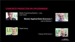 CONCRETE PROJECTEN EN OPLEIDINGEN
< Master Engineering Systems – Lean
< Lean 4zero
Master Applied Data Sciences >
Lean & Robotica >
< Digital factory
Factory of the future >
 
