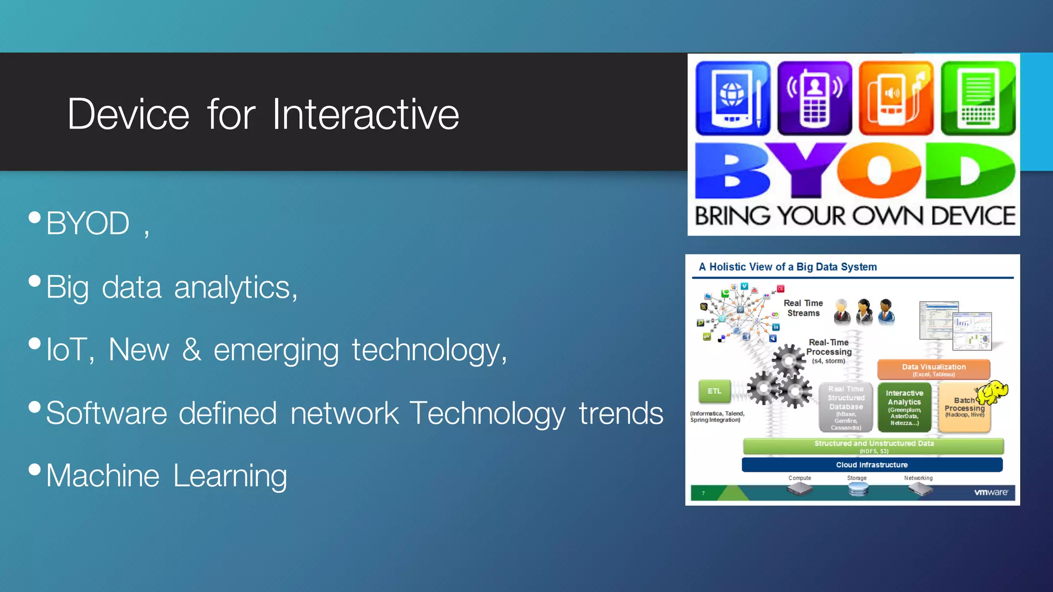 Device for Interactive
•BYOD ,
•Big data analytics,
•IoT, New & emerging technology,
•Software defined network Technology trends
•Machine Learning
 