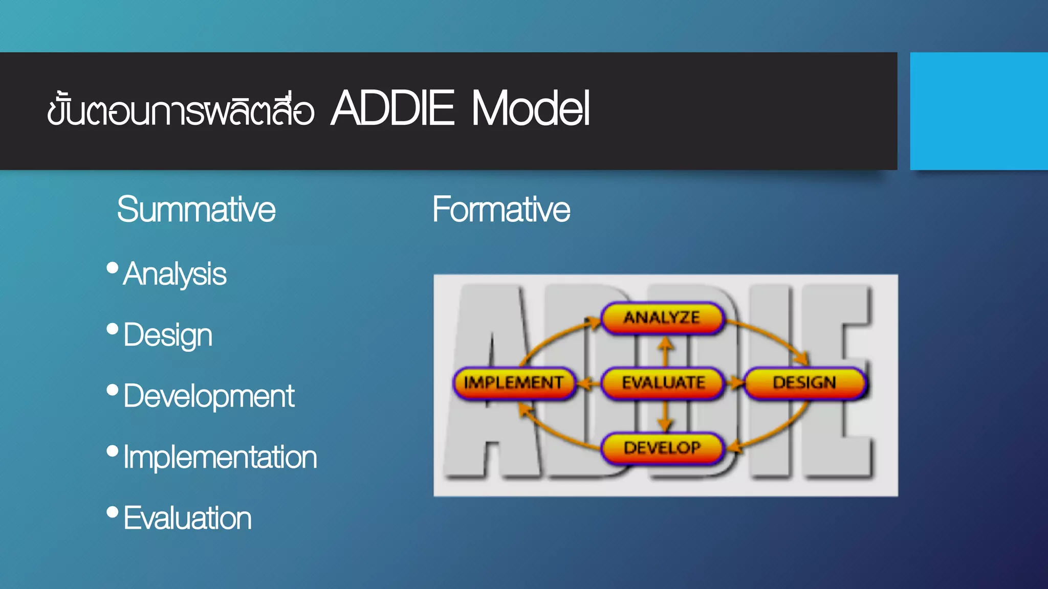 ขั้นตอนการผลิตสื่อ ADDIE Model
Summative Formative
•Analysis
•Design
•Development
•Implementation
•Evaluation
 