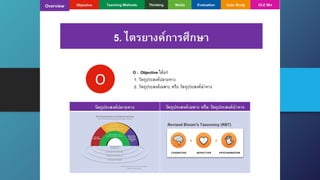 Teaching
Methods
ObjectiveOvervie
w
Thinkin
g
Media Evaluatio
n
Case
Study
OLE Mix
8. ไตรยางค์การศึกษา(OLE)5. ไตรยางค์การศึกษา
O
O : Objective ได ้แก่
1. วัตถุประสงค์ปลายทาง
2. วัตถุประสงค์เฉพาะหรือ
วัตถุประสงค์นําทาง
ว ัตถุประสงค์ปลายทาง ว ัตถุประสงค์เฉพาะหรือ
ว ัตถุประสงค์นําทาง
Revised Bloom's Taxonomy (RBT)
 