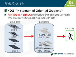 影像核心技術
HOG（Histogram of Oriented Gradient）
方向梯度直方圖(HOG)是影像處理中通過計算和統計影像
中局部區域的梯度方向直方圖來構成特徵值。
原始影像
灰階化
梯度計算
正規化
Cell(3*3,4*4)的
梯度直方圖化
將每幾個Cell(3x3,4x4)
组成一個block
1.影像處理 2.影像計算
框取出人物
 