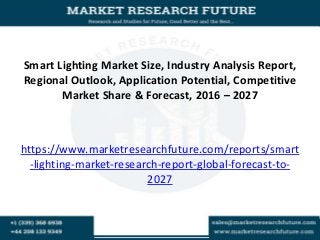 Smart Lighting Market Size, Industry Analysis Report,
Regional Outlook, Application Potential, Competitive
Market Share & Forecast, 2016 – 2027
https://www.marketresearchfuture.com/reports/smart
-lighting-market-research-report-global-forecast-to-
2027
 