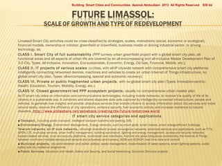 Building Smart Cities and Communities Azamat Abdoullaev 2013 All Rights Reserved



1.

2.

3.
4.


Limassol Smart City activities could be cross-classified by strategies, scales, motivations (social, economic or ecological),
financial models, ownership or initiator, greenfield or brownfield, business model or driving industrial sector, or driving
technology, as:
CLASS I. Smar t City of full sustainability (PPP turnkey urban greenfield project with a global smart city plan, all
functional areas and all aspects of urban life are covered by an all-encompassing and all-inclusive Master Development Plan of
3.0 City, Types: All-Inclusive, Innovation, Eco-sustainable, Economic, Energy, Oil/Gas, Financial, Mobile, etc.);
CLASS II. IT projects of various scales (u-cities, with all-IP citywide network with comprehensive smart city platforms
intelligently connecting networked devices, machines and vehicles to create an urban Internet of Things infrastructure, no
global smart city plan, Types: all-encompassing, special and economic recovery);
CLASS III. Private or public fragmented urban projects , with no global smart city plan (Types: Innovation-centric,
Health, Education, Tourism, Mobility, Energy, etc.);
CLASS IV. Closed government-led PPP ecosystem projects , usually no comprehensive urban master plan
An IT smart city relies on information and communications technologies, including mobile networks, to improve the quality of life of its
citizens in a sustainable way. It combines and shares disparate data sets captured by intelligently-connected infrastructure, people and
vehicles, to generate new insights and provide ubiquitous services that enable citizens to access information about city services and move
around easily, improve the efficiency of city operations, enhance security, fuel economic activity and increase resilience to natural
disasters. http://www.slideshare.net/ashabook/creating-the -future-tomorrows-world










EIS ltd

IT smar t city ser vice categories and applications

■ Transpor t, including public transport, intelligent transport systems and parking, GIS;
■ Environment/Energy, Environment Management, Energy networks, such as smart grids, smart meters, smart energy-efficient buildings;
Telecom networks , all-IP core networks, ultra-high broadband access convergence networks, advanced services and applications, such as FTTx,
GPON, LTE, multi-play services, urban traffic management, building automation, lighting and energy management, access and security networks,
location-based services, trust and security platforms, multimodal user Interfaces, Anytime/any place Ubiquitous connectivity, the Internet of Things
between machines (multiple devices and sensors and actuators) and humans, M2M and M2M2H (real time data and control)
■ Municipal projects, city administration and public utilities, waste management, modernisation of water systems, smart lighting systems, public
safety and city resilience programms;
■ Public Services , Education and Health, Safety and Security, and Social Networking, Economic Stimulus projects

 