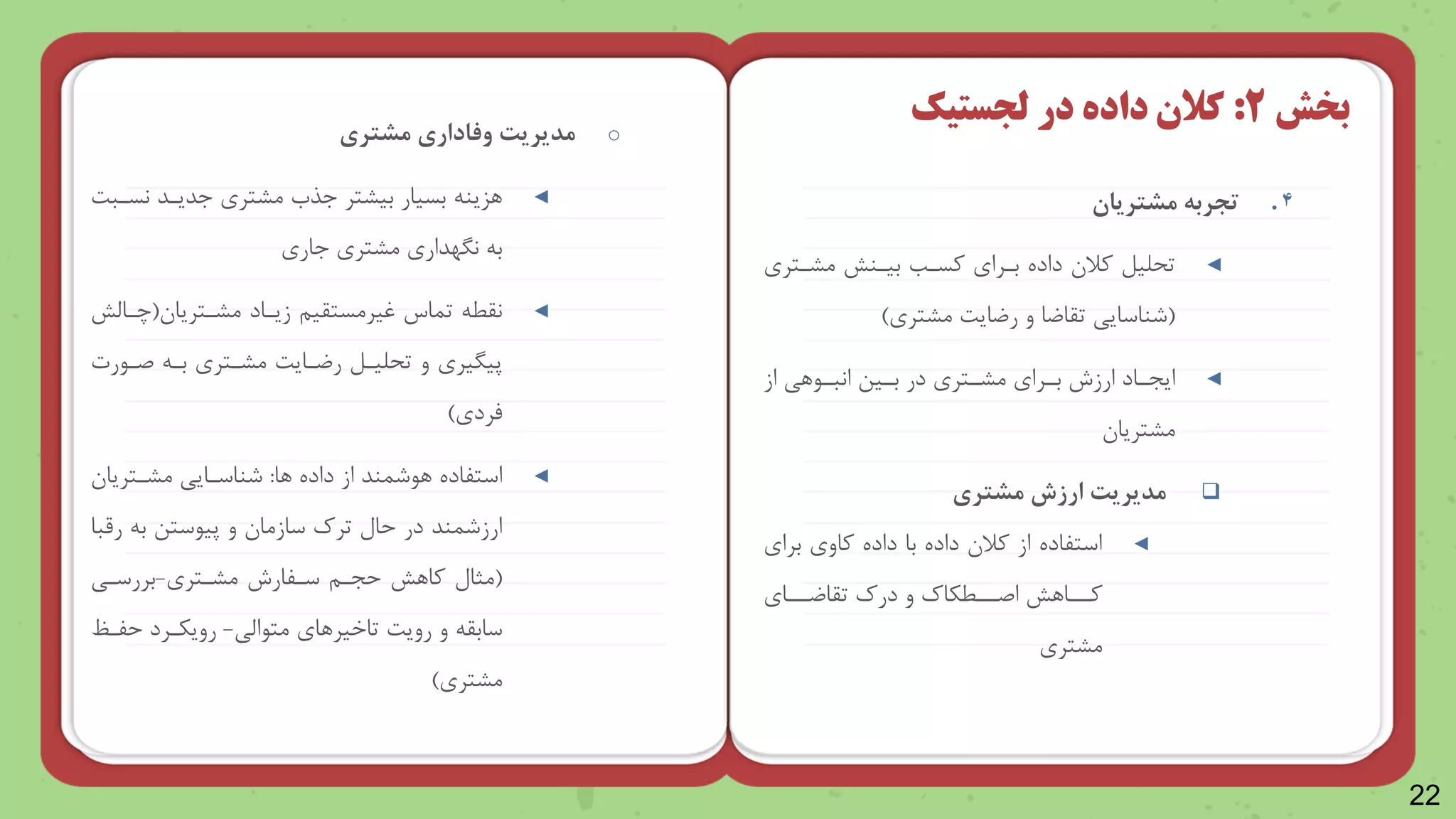 22
.4
‫مشتریان‬ ‫تجربه‬
◄
‫مرنتر‬ ‫بیننش‬ ‫وسنب‬ ‫بنرا‬ ‫داده‬ ‫وال‬ ‫لیل‬ ‫ت‬
(
‫مرتر‬ ‫ایت‬ ‫ر‬ ‫و‬ ‫ا‬ ‫تقا‬ ‫شناسایی‬
)
◄
‫از‬ ‫ناری‬
‫ن‬‫انب‬ ‫نین‬
‫ن‬‫ب‬ ‫در‬ ‫نتر‬
‫ن‬‫مر‬ ‫نرا‬
‫ن‬‫ب‬ ‫ارزش‬ ‫ناد‬
‫ن‬‫ایج‬
‫مرتریا‬

‫مشتری‬ ‫ارزش‬ ‫مدیریت‬
◄
‫برا‬ ‫واو‬ ‫داده‬ ‫با‬ ‫داده‬ ‫وال‬ ‫از‬ ‫استلاده‬
‫نننا‬ ‫تقا‬ ‫درک‬ ‫و‬ ‫اصنننطکاک‬ ‫ونننارش‬
‫مرتر‬
‫بخش‬
2
:
‫در‬ ‫داده‬ ‫کالن‬
‫لجستیک‬
o
‫مدیریت‬
‫وفاداری‬
‫مشتری‬
◄
‫نسنبت‬ ‫جدیند‬ ‫مرتر‬ ‫جذب‬ ‫بیرتر‬ ‫بسیار‬ ‫رزین‬
‫جار‬ ‫مرتر‬ ‫نرهدار‬ ‫ب‬
◄
‫مرنتریا‬ ‫زیناد‬ ‫ویرمستقین‬ ‫تماس‬ ‫نقط‬
(
‫چناظش‬
‫صنارت‬ ‫بن‬ ‫مرنتر‬ ‫نایت‬ ‫ر‬ ‫لینل‬ ‫ت‬ ‫و‬ ‫پیریر‬
‫مرد‬
)
◄
‫را‬ ‫داده‬ ‫از‬ ‫راشمند‬ ‫استلاده‬
:
‫مرنتریا‬ ‫شناسنایی‬
‫رقبا‬ ‫ب‬ ‫پیاستن‬ ‫و‬ ‫سازما‬ ‫ترک‬ ‫حال‬ ‫در‬ ‫ارزشمند‬
(
‫مرنتر‬ ‫سنلارش‬ ‫حجنن‬ ‫وارش‬ ‫مثال‬
-
‫بررسنی‬
‫رویت‬ ‫و‬ ‫سابق‬
‫تاخیررا‬
‫متااظی‬
-
‫حلن‬ ‫رویکنرد‬
‫مرتر‬
)
 