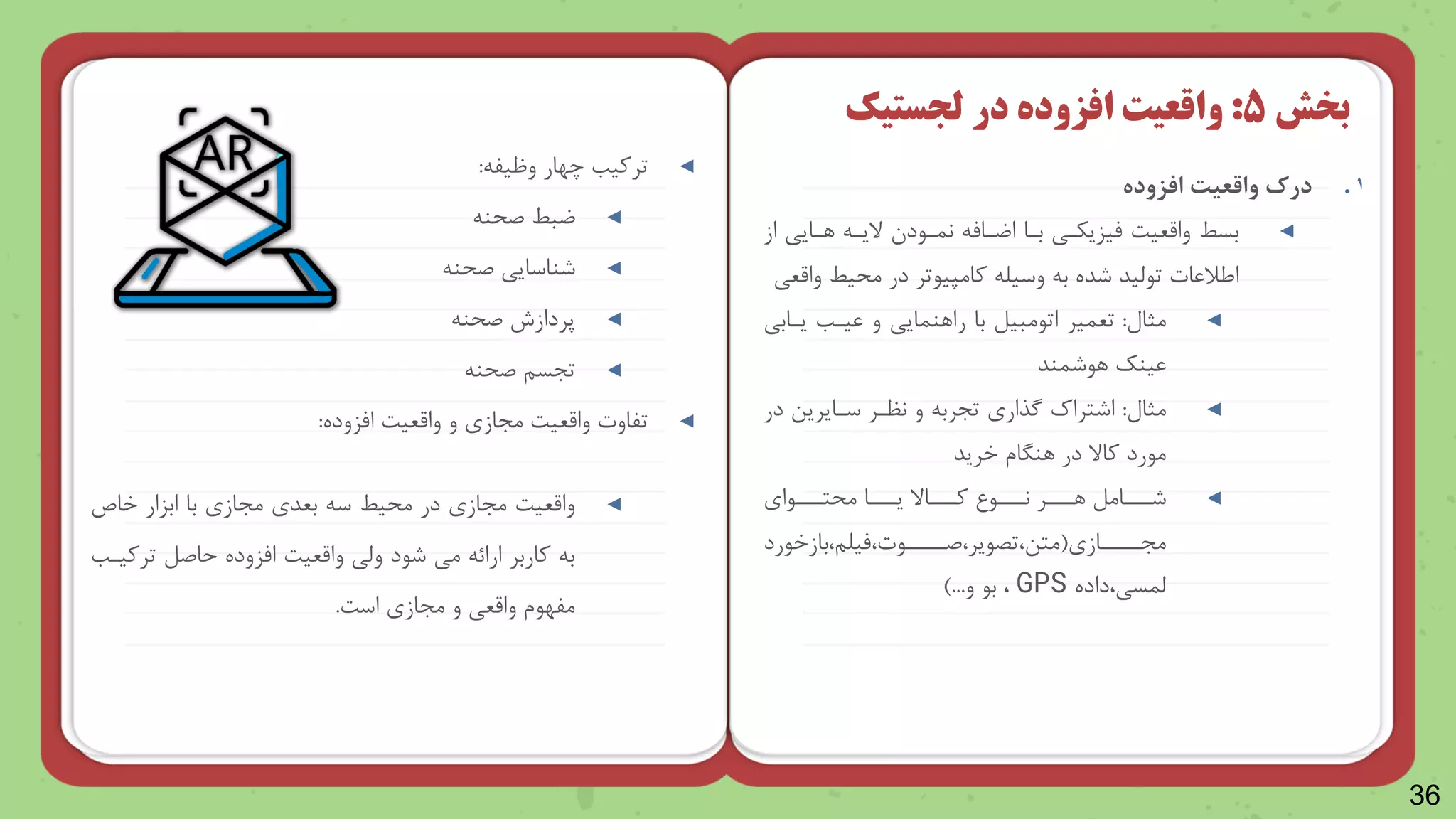 36
.1
‫افزوده‬ ‫واقعیت‬ ‫درک‬
◄
‫الین‬ ‫نمناد‬ ‫نام‬ ‫ا‬ ‫بنا‬ ‫میزیکنی‬ ‫واقعیت‬ ‫بسط‬
‫رنایی‬
‫از‬
‫واقعی‬ ‫یط‬ ‫م‬ ‫در‬ ‫وامپیاتر‬ ‫وسیل‬ ‫ب‬ ‫شده‬ ‫تاظید‬ ‫ایالعات‬
◄
‫مثال‬
:
‫ینابی‬ ‫عینب‬ ‫و‬ ‫رارنمایی‬ ‫با‬ ‫اتامبیل‬ ‫تعمیر‬
‫راشمند‬ ‫عینک‬
◄
‫مثال‬
:
‫در‬ ‫سنایرین‬ ‫نظنر‬ ‫و‬ ‫تجرب‬ ‫گذار‬ ‫اشتراک‬
‫خرید‬ ‫رنراش‬ ‫در‬ ‫واال‬ ‫مارد‬
◄
‫ناا‬
‫ن‬‫تنن‬ ‫م‬ ‫نا‬
‫ن‬‫ینن‬ ‫ناال‬
‫ن‬‫ونن‬ ‫ناع‬
‫ن‬‫ننن‬ ‫نر‬
‫ن‬‫رنن‬ ‫نامل‬
‫ن‬‫شنن‬
‫مجننننناز‬
(
‫بازخارد‬ ‫میلن‬ ‫صنننننات‬ ‫تصایر‬ ‫متن‬
‫داده‬ ‫ظمسی‬
GPS
‫و‬ ‫با‬
)...
‫بخش‬
5
:
‫در‬ ‫افزوده‬ ‫واقعیت‬
‫لجستیک‬
◄
‫وظیل‬ ‫چهار‬ ‫ترویب‬
:
◄
‫ن‬ ‫ص‬ ‫بط‬
◄
‫ن‬ ‫ص‬ ‫شناسایی‬
◄
‫ن‬ ‫ص‬ ‫پردازش‬
◄
‫ن‬ ‫ص‬ ‫تجسن‬
◄
‫امزوده‬ ‫واقعیت‬ ‫و‬ ‫مجاز‬ ‫واقعیت‬ ‫تلاوت‬
:
◄
‫خاص‬ ‫ابزار‬ ‫با‬ ‫مجاز‬ ‫بعد‬ ‫س‬ ‫یط‬ ‫م‬ ‫در‬ ‫مجاز‬ ‫واقعیت‬
‫تروینب‬ ‫حاصل‬ ‫امزوده‬ ‫واقعیت‬ ‫وظی‬ ‫شاد‬ ‫می‬ ‫ارائ‬ ‫واربر‬ ‫ب‬
‫است‬ ‫مجاز‬ ‫و‬ ‫واقعی‬ ‫ملهاش‬
.
 