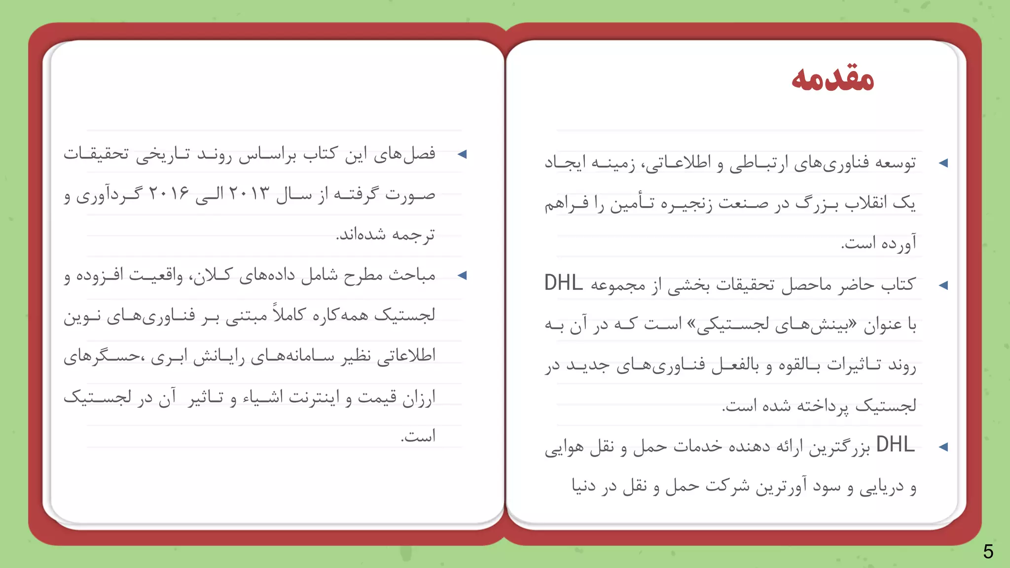 5
◄
‫تاسع‬
‫را‬ ‫مناور‬
‫ایجناد‬ ‫زمینن‬ ‫ایالعناتی‬ ‫و‬ ‫ارتبنایی‬
‫منرارن‬ ‫را‬ ‫تنأمین‬ ‫زنجینره‬ ‫صننعت‬ ‫در‬ ‫بنزر‬ ‫انقالب‬ ‫یک‬
‫است‬ ‫آورده‬
.
◄
‫مجماع‬ ‫از‬ ‫بخری‬ ‫قیقات‬ ‫ت‬ ‫ماحصل‬ ‫ر‬ ‫حا‬ ‫وتاب‬
DHL
‫عناا‬ ‫با‬
«
‫رنا‬‫بینش‬
‫ظجسنتیکی‬
»
‫بن‬ ‫آ‬ ‫در‬ ‫ون‬ ‫اسنت‬
‫باظلعنل‬ ‫و‬ ‫بناظقاه‬ ‫تناثیرات‬ ‫روند‬
‫رنا‬ ‫منناور‬
‫در‬ ‫جدیند‬
‫ظجستیک‬
‫است‬ ‫شده‬ ‫پرداخت‬
.
◄
DHL
‫راایی‬ ‫نقل‬ ‫و‬ ‫حمل‬ ‫خدمات‬ ‫درنده‬ ‫ارائ‬ ‫بزرگترین‬
‫ساد‬ ‫و‬ ‫دریایی‬ ‫و‬
‫آورترین‬
‫دنیا‬ ‫در‬ ‫نقل‬ ‫و‬ ‫حمل‬ ‫شروت‬
‫مقدمه‬
◄
‫را‬‫مصل‬
‫قیقنات‬ ‫ت‬ ‫تناریخی‬ ‫رونند‬ ‫براسناس‬ ‫وتاب‬ ‫این‬
‫نال‬
‫ن‬‫س‬ ‫از‬ ‫ن‬
‫ن‬‫گرمت‬ ‫نارت‬
‫ن‬‫ص‬
۲۰۱۳
‫نی‬
‫ن‬‫اظ‬
۲۰۱۶
‫و‬ ‫نردآور‬
‫ن‬‫گ‬
‫ترجم‬
‫اند‬‫شده‬
.
◄
‫شامل‬ ‫مطرح‬ ‫مباحث‬
‫را‬‫داده‬
‫و‬ ‫امنزوده‬ ‫واقعینت‬ ‫ونال‬
‫ظجستیک‬
‫واره‬ ‫رم‬
‫بنر‬ ‫مبتنی‬ ً‫ال‬‫وام‬
‫رنا‬ ‫منناور‬
‫نناین‬
‫نظیر‬ ‫ایالعاتی‬
‫رنا‬ ‫سنامان‬
‫راینانش‬
‫ابنر‬
‫حسنرررا‬
‫اینترنت‬ ‫و‬ ‫قیمت‬ ‫ارزا‬
‫اشنیا‬
‫تناثیر‬ ‫و‬
‫در‬ ‫آ‬
‫ظجسنتیک‬
‫است‬
.
 
