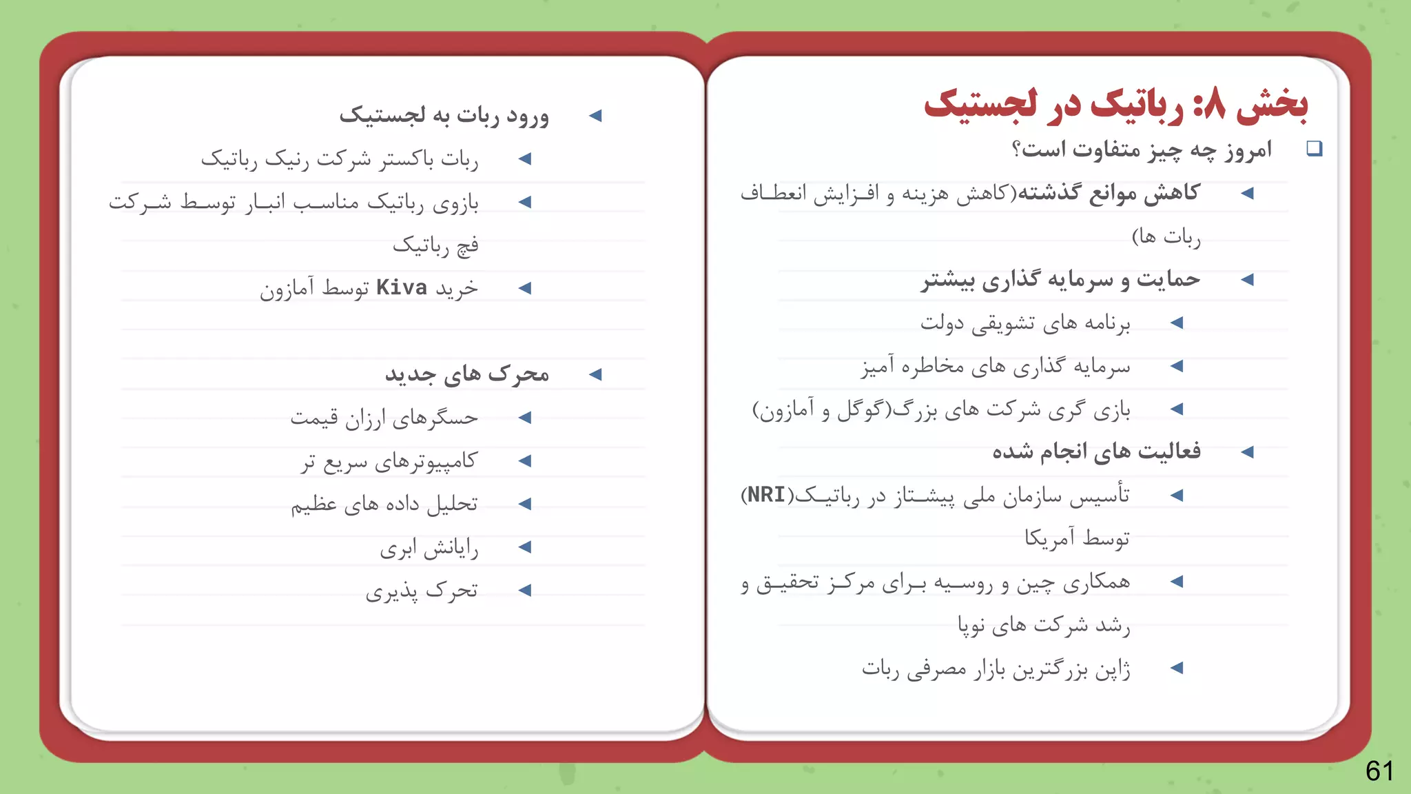 61

‫است؟‬ ‫متفاوت‬ ‫چیز‬ ‫چه‬ ‫امروز‬
◄
‫گذشته‬ ‫موانع‬ ‫کاهش‬
(
‫انعطناف‬ ‫امنزایش‬ ‫و‬ ‫رزین‬ ‫وارش‬
‫ربات‬
‫را‬
)
◄
‫بیشتر‬ ‫گذاری‬ ‫سرمایه‬ ‫و‬ ‫حمایت‬
◄
‫دوظت‬ ‫ترایقی‬ ‫را‬ ‫برنام‬
◄
‫آمیز‬ ‫مخایره‬ ‫را‬ ‫گذار‬ ‫سرمای‬
◄
‫بزر‬ ‫را‬ ‫شروت‬ ‫گر‬ ‫باز‬
(
‫گاگل‬
‫آمازو‬ ‫و‬
)
◄
‫شده‬ ‫انجام‬ ‫های‬ ‫فعالیت‬
◄
‫در‬ ‫پیرنتاز‬ ‫ملی‬ ‫سازما‬ ‫تأسیس‬
‫رباتینک‬
(
NRI
)
‫آمریکا‬ ‫تاسط‬
◄
‫و‬ ‫قینق‬ ‫ت‬ ‫مرونز‬ ‫بنرا‬ ‫روسنی‬ ‫و‬ ‫چین‬ ‫رمکار‬
‫ناپا‬ ‫را‬ ‫شروت‬ ‫رشد‬
◄
‫مصرمی‬ ‫بازار‬ ‫بزرگترین‬ ‫ژاپن‬
‫ربات‬
‫بخش‬
8
:
‫رباتیک‬
‫در‬
‫لجستیک‬
◄
‫ورود‬
‫ربات‬
‫به‬
‫لجستیک‬
◄
‫ربات‬
‫باوستر‬
‫شروت‬
‫رنیک‬
‫رباتیک‬
◄
‫بازو‬
‫رباتیک‬
‫شنروت‬ ‫تاسنط‬ ‫انبنار‬ ‫مناسنب‬
‫مچ‬
‫رباتیک‬
◄
‫خرید‬
Kiva
‫آمازو‬ ‫تاسط‬
◄
‫جدید‬ ‫های‬ ‫محرک‬
◄
‫حسرررا‬
‫قیمت‬ ‫ارزا‬
◄
‫تر‬ ‫سری‬ ‫وامپیاتررا‬
◄
‫عظین‬ ‫را‬ ‫داده‬ ‫لیل‬ ‫ت‬
◄
‫رایانش‬
‫ابر‬
◄
‫پذیر‬ ‫رک‬ ‫ت‬
 