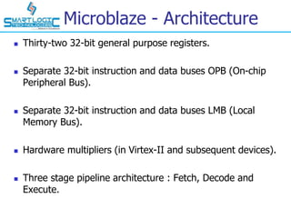 Microblaze - Architecture
 Thirty-two 32-bit general purpose registers.
 Separate 32-bit instruction and data buses OPB (On-chip
Peripheral Bus).
 Separate 32-bit instruction and data buses LMB (Local
Memory Bus).
 Hardware multipliers (in Virtex-II and subsequent devices).
 Three stage pipeline architecture : Fetch, Decode and
Execute.
 