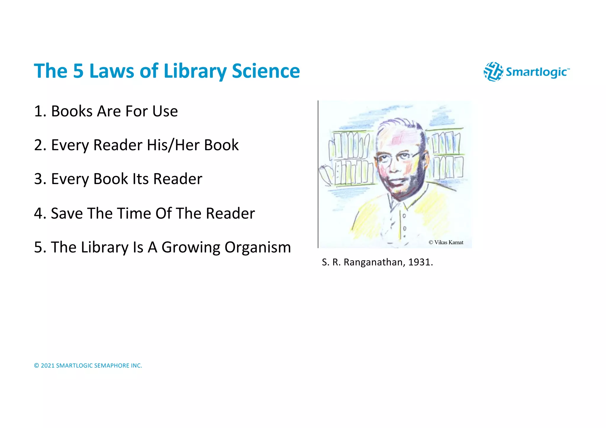 © 2021 SMARTLOGIC SEMAPHORE INC.
The 5 Laws of Library Science
1. Books Are For Use
2. Every Reader His/Her Book
3. Every Book Its Reader
4. Save The Time Of The Reader
5. The Library Is A Growing Organism
S. R. Ranganathan, 1931.
© Vikas Kamat
 