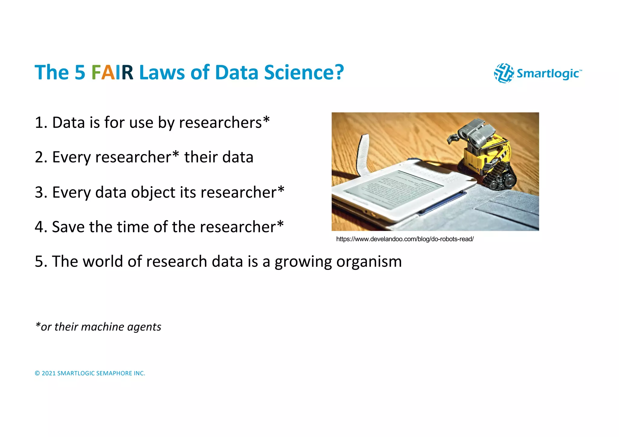 © 2021 SMARTLOGIC SEMAPHORE INC.
The 5 FAIR Laws of Data Science?
1. Data is for use by researchers*
2. Every researcher* their data
3. Every data object its researcher*
4. Save the time of the researcher*
5. The world of research data is a growing organism
*or their machine agents
https://www.develandoo.com/blog/do-robots-read/
 