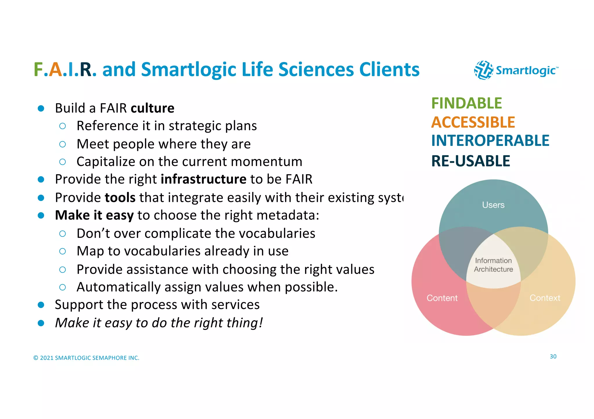 © 2021 SMARTLOGIC SEMAPHORE INC.
F.A.I.R. and Smartlogic Life Sciences Clients
30
FINDABLE
ACCESSIBLE
INTEROPERABLE
RE-USABLE
● Build a FAIR culture
○ Reference it in strategic plans
○ Meet people where they are
○ Capitalize on the current momentum
● Provide the right infrastructure to be FAIR
● Provide tools that integrate easily with their existing systems
● Make it easy to choose the right metadata:
○ Don’t over complicate the vocabularies
○ Map to vocabularies already in use
○ Provide assistance with choosing the right values
○ Automatically assign values when possible.
● Support the process with services
● Make it easy to do the right thing!
 