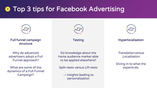Full funnel campaign
structure
Why do advanced
advertisers adopt a Full
Funnel approach?
What are some of the
dynamics of a Full Funnel
Campaign?
Testing
Do knowledge about the
home audience market able
to be applied elsewhere?
Split-tests versus Lift tests
→ insights leading to
personalization
Hyperlocalization
Translation versus
Localization
Diving in to what the
experts do.
Top 3 tips for Facebook Advertising3
 