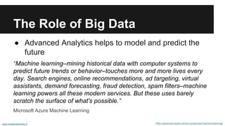 The Role of Big Data
● Advanced Analytics helps to model and predict the
future
“Machine learning–mining historical data with computer systems to
predict future trends or behavior–touches more and more lives every
day. Search engines, online recommendations, ad targeting, virtual
assistants, demand forecasting, fraud detection, spam filters–machine
learning powers all these modern services. But these uses barely
scratch the surface of what's possible.”
Microsoft Azure Machine Learning
http://azure.microsoft.com/en-us/services/machine-learning/www.smartmachines.fi
 