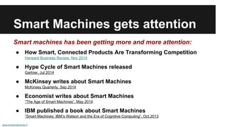 Smart Machines gets attention
Smart machines has been getting more and more attention:
● How Smart, Connected Products Are Transforming Competition
Harward Business Review, Nov 2014
● Hype Cycle of Smart Machines released
Gartner, Jul 2014
● McKinsey writes about Smart Machines
McKinsey Quarterly, Sep 2014
● Economist writes about Smart Machines
“The Age of Smart Machines”, May 2014
● IBM published a book about Smart Machines
“Smart Machines: IBM’s Watson and the Era of Cognitive Computing”, Oct 2013
www.smartmachines.fi
 