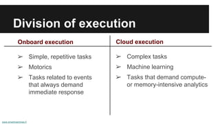 Division of execution
www.smartmachines.fi
Onboard execution
➢ Simple, repetitive tasks
➢ Motorics
➢ Tasks related to events
that always demand
immediate response
Cloud execution
➢ Complex tasks
➢ Machine learning
➢ Tasks that demand compute-
or memory-intensive analytics
 