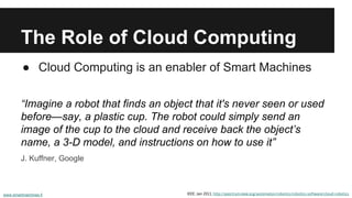 The Role of Cloud Computing 
● Cloud Computing is an enabler of Smart Machines 
“Imagine a robot that finds an object that...