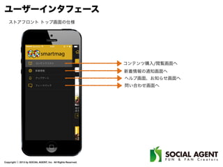 Copyright ⓒ 2013 by SOCIAL AGENT, Inc. All Rights Reserved.
ストアフロント トップ画面の仕様
コンテンツ購入/閲覧画面へ
ヘルプ画面、お知らせ画面へ
問い合わせ画面へ
新着情報の通知画面へ
ユーザーインタフェース
 