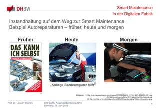 Smart Maintenance
in der Digitalen Fabrik
Prof. Dr. Lennart Brumby SKF CoMo Anwenderkonferenz 2019
Bamberg, 26. Juni 2019
4
Instandhaltung auf dem Weg zur Smart Maintenance
Beispiel Autoreparaturen – früher, heute und morgen
„Kollege Bordcomputer hilft“
Bildquellen: (1) http://ecx.images-amazon.com/images/I/51RYEQNeEtL._SY344_BO1,204,203,200_.jpg
(2) http://www.mag-mobil.de/2013/speed/img/kfz-diagnose.jpg
(3) http://winfwiki.wi-fom.de/images/thumb/6/62/Artesasbmw.png/350px-Artesasbmw.png
Früher Heute Morgen
(1)
(2) (3)
 