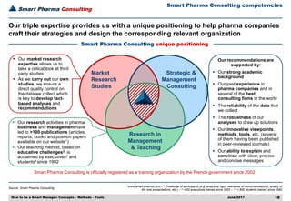 Smart Pharma Consulting
Source: Smart Pharma Consulting
June 2017 18How to be a Smart Manager: Concepts – Methods – Tools
1 www.smart-pharma.com – 2 Challenge of participants (e.g. analytical rigor, relevance of recommendations, quality of
the oral presentations, etc.) – 3 ~820 executives trained since 2002 – 4 ~1,800 students trained since 1992
Smart Pharma Consulting unique positioning
Smart Pharma Consulting competencies
Our triple expertise provides us with a unique positioning to help pharma companies
craft their strategies and design the corresponding relevant organization
Strategic &
Management
Consulting
Market
Research
Studies
 Our market research
expertise allows us to
take a critical look at third
party studies
 As we carry out our own
studies, we ensure a
direct quality control on
the data we collect which
is key to develop fact-
based analyses and
recommendations
Our recommendations are
supported by:
 Our strong academic
background
 Our past experience in
pharma companies and in
several of the best
consulting firms in the world
 The reliability of the data that
we collect
 The robustness of our
analyses to draw up solutions
 Our innovative viewpoints,
methods, tools, etc. (several
of them having been published
in peer-reviewed journals)
 Our ability to explain and
convince with clear, precise
and concise messages
 Our research activities in pharma
business and management have
led to >100 publications (articles,
reports, books and position papers
available on our website1)
 Our teaching method, based on
educative challenges2, is
acclaimed by executives3 and
students4 since 1992
Smart Pharma Consulting is officially registered as a training organization by the French government since 2002
Research in
Management
& Teaching
 