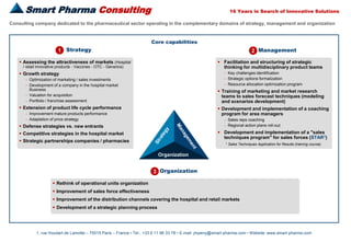Smart Pharma Consulting
1, rue Houdart de Lamotte – 75015 Paris – France • Tel.: +33 6 11 96 33 78 • E-mail: jmpeny@smart-pharma.com • Website: www.smart-pharma.com
Consulting company dedicated to the pharmaceutical sector operating in the complementary domains of strategy, management and organization
Smart Pharma Consulting
Core capabilities
Strategy1
 Assessing the attractiveness of markets (Hospital
/ retail innovative products - Vaccines - OTC - Generics)
 Growth strategy
 Optimization of marketing / sales investments
 Development of a company in the hospital market
Business
 Valuation for acquisition
 Portfolio / franchise assessment
 Extension of product life cycle performance
 Improvement mature products performance
 Adaptation of price strategy
 Defense strategies vs. new entrants
 Competitive strategies in the hospital market
 Strategic partnerships companies / pharmacies
 Rethink of operational units organization
 Improvement of sales force effectiveness
 Improvement of the distribution channels covering the hospital and retail markets
 Development of a strategic planning process
Organization3
Organization
 Facilitation and structuring of strategic
thinking for multidisciplinary product teams
 Key challenges identification
 Strategic options formalization
 Resource allocation optimization program
 Training of marketing and market research
teams to sales forecast techniques (modeling
and scenarios development)
 Development and implementation of a coaching
program for area managers
 Sales reps coaching
 Regional action plans roll-out
 Development and implementation of a "sales
techniques program" for sales forces (STAR1)
Management2
1 Sales Techniques Application for Results (training course)
16 Years in Search of Innovative Solutions
 