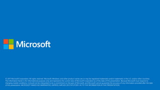 © 2017 Microsoft Corporation. All rights reserved. Microsoft, Windows, and other product names are or may be registered trademarks and/or trademarks in the U.S. and/or other countries.
The information herein is for informational purposes only and represents the current view of Microsoft Corporation as of the date of this presentation. Because Microsoft must respond to
changing market conditions, it should not be interpreted to be a commitment on the part of Microsoft, and Microsoft cannot guarantee the accuracy of any information provided after the date
of this presentation. MICROSOFT MAKES NO WARRANTIES, EXPRESS, IMPLIED OR STATUTORY, AS TO THE INFORMATION IN THIS PRESENTATION.
 
