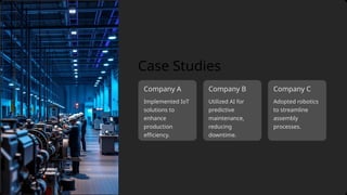 Adopted robotics
to streamline
assembly
processes.
Implemented IoT
solutions to
enhance
production
efficiency.
Company C
Company A
Utilized AI for
predictive
maintenance,
reducing
downtime.
Case Studies
Company B
 