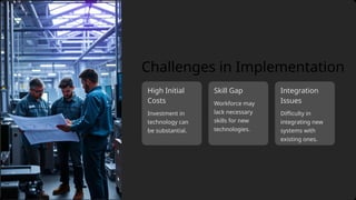 Skill Gap
Investment in
technology can
be substantial.
Challenges in Implementation
Difficulty in
integrating new
systems with
existing ones.
Workforce may
lack necessary
skills for new
technologies.
Integration
Issues
High Initial
Costs
 