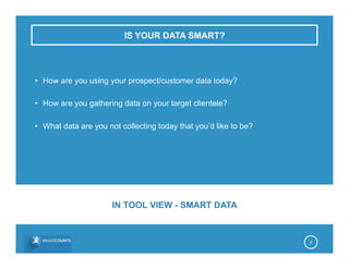 IS YOUR DATA SMART?
•  How are you using your prospect/customer data today?
•  How are you gathering data on your target clientele?
•  What data are you not collecting today that you’d like to be?
9
IN TOOL VIEW - SMART DATA
 