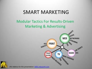 SMART MARKETING
         Modular Tactics For Results-Driven
            Marketing & Advertising




URL Address for this presentation: ittl01.mbozarth.com
 