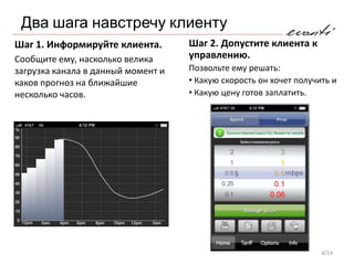 Два шага навстречу клиенту
Шаг 1. Информируйте клиента.        Шаг 2. Допустите клиента к
Сообщите ему, насколько велика      управлению.
загрузка канала в данный момент и   Позвольте ему решать:
каков прогноз на ближайшие          • Какую скорость он хочет получить и
несколько часов.                    • Какую цену готов заплатить.




                                                                    4/14
 