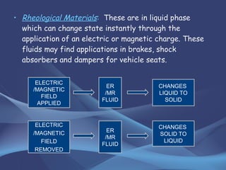 • Rheological Materials: These are in liquid phase
which can change state instantly through the
application of an electric or magnetic charge. These
fluids may find applications in brakes, shock
absorbers and dampers for vehicle seats.
ELECTRIC
/MAGNETIC
FIELD
APPLIED
ER
/MR
FLUID
CHANGES
LIQUID TO
SOLID
ELECTRIC
/MAGNETIC
FIELD
REMOVED
ER
/MR
FLUID
CHANGES
SOLID TO
LIQUID
 