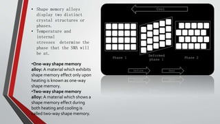 • Shape memory alloys
display two distinct
crystal structures or
phases.
• Temperature and
internal
stresses determine the
phase that the SMA will
be at.
•One-way shape memory
alloy: A material which exhibits
shape memory effect only upon
heating is known as one-way
shape memory.
•Two-way shape memory
alloy: A material which shows a
shape memory effect during
both heating and cooling is
called two-way shape memory.
 