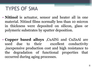 TYPES OF SMA
• Nitinol is actuator, sensor and heater all in one
material. Nitinol films normally less than 10 micron
in thickness were deposited on silicon, glass or
polymeric substrates by sputter deposition.
• Copper based alloys ,CuAlNi and CuZnAl are
used due to their excellent conductivity
,inexpensive production cost and high resistance to
the degradation of functional properties that
occurred during aging processes.
8
 