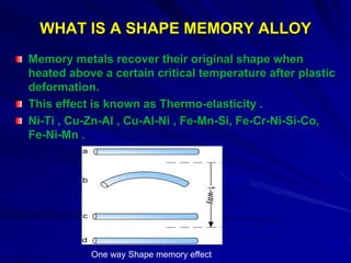 WHAT IS A SHAPE MEMORY ALLOY
Memory metals recover their original shape when
heated above a certain critical temperature after plastic
deformation.
This effect is known as Thermo-elasticity .
Ni-Ti , Cu-Zn-Al , Cu-Al-Ni , Fe-Mn-Si, Fe-Cr-Ni-Si-Co,
Fe-Ni-Mn .
One way Shape memory effect
 