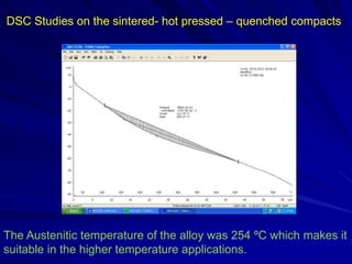 DSC Studies on the sintered- hot pressed – quenched compacts
The Austenitic temperature of the alloy was 254 ºC which makes it
suitable in the higher temperature applications.
 