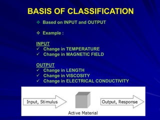BASIS OF CLASSIFICATION
 Based on INPUT and OUTPUT
 Example :
INPUT
 Change in TEMPERATURE
 Change in MAGNETIC FIELD
OUTPUT
 Change in LENGTH
 Change in VISCOSITY
 Change in ELECTRICAL CONDUCTIVITY
 