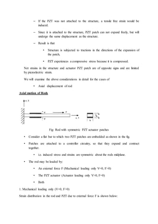 – If the PZT was not attached to the structure, a tensile free strain would be
induced.
– Since it is attached to the structure, PZT patch can not expand freely, but will
undergo the same displacement as the structure.
– Result is that
• Structure is subjected to tractions in the directions of the expansion of
the patch,
• PZT experiences a compressive stress because it is compressed.
Net strains in the structure and actuator PZT patch are of opposite signs and are limited
by piezoelectric strain.
We will examine the above considerations in detail for the cases of
• Axial displacement of rod
Axial motion of Rods
Fig: Rod with symmetric PZT actuator patches
• Consider a flat bar to which two PZT patches are embedded as shown in the fig.
• Patches are attached to a controller circuitry, so that they expand and contract
together.
• i.e. induced stress and strains are symmetric about the rods midplane.
• The rod may be loaded by:
• An external force F (Mechanical loading only V=0, F>0)
• The PZT actuator (Actuator loading only V>0, F=0)
• Both
1. Mechanical loading only (V=0, F>0)
Strain distribution in the rod and PZT due to external force F is shown below:
 