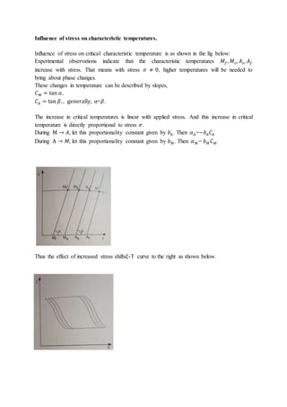 Influence of stress on characteristic temperatures.
Influence of stress on critical characteristic temperature is as shown in the fig below:
Experimental observations indicate that the characteristic temperatures 𝑀𝑓, 𝑀𝑠, 𝐴𝑠, 𝐴𝑓
increase with stress. That means with stress 𝜎 ≠ 0, higher temperatures will be needed to
bring about phase changes.
These changes in temperature can be described by slopes,
𝐶𝑀 = tan 𝛼,
𝐶𝐴 = tan 𝛽. , generally, 𝛼=𝛽.
The increase in critical temperatures is linear with applied stress. And this increase in critical
temperature is directly proportional to stress 𝜎.
During M → 𝐴, let this proportionality constant given by 𝑏𝐴 . Then 𝛼𝐴=−𝑏𝐴𝐶𝐴
During A → 𝑀, let this proportionality constant given by 𝑏𝑀. Then 𝛼𝑀= 𝑏𝑀𝐶𝑀
Thus the effect of increased stress shifts𝜉-T curve to the right as shown below.
 